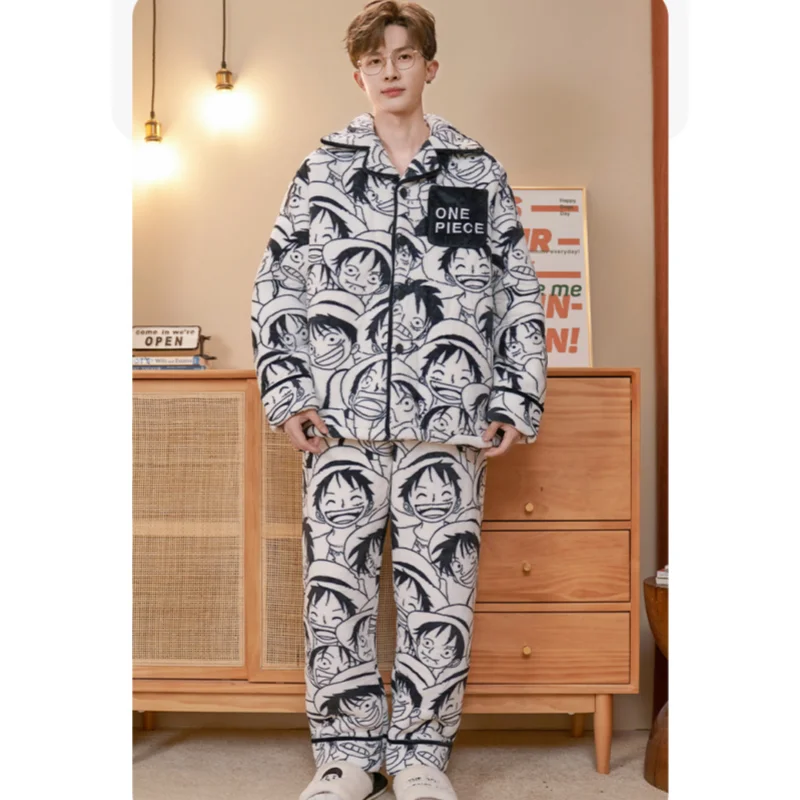 One Piece Luffy Zoro Men'S Winter Thickened Coral Fleece Pajamas