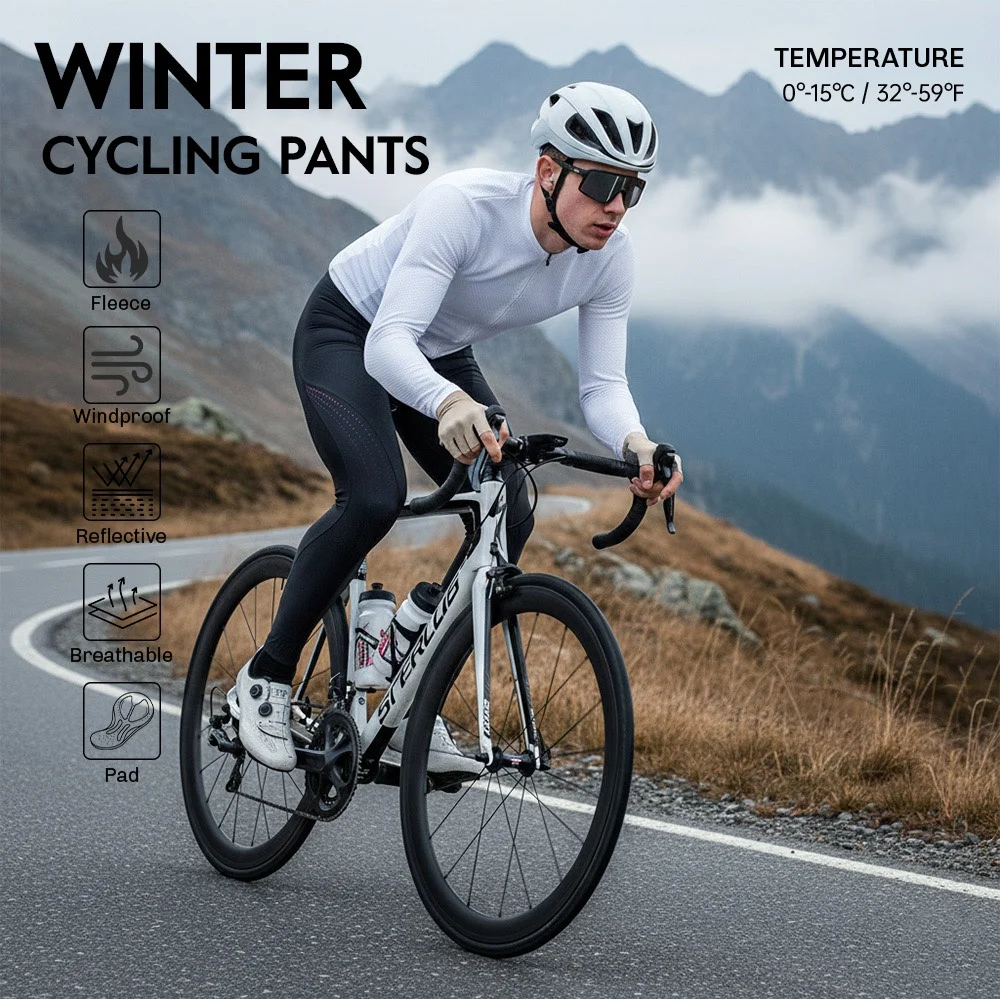 RION Herren Radsport-Trägerhose Rennrad MTB Tights Fahrradbekleidung Lange Hose Thermo-Fleece Pro Outdoor-Fahrradausrüstung 0-15 ℃ – Detail 1