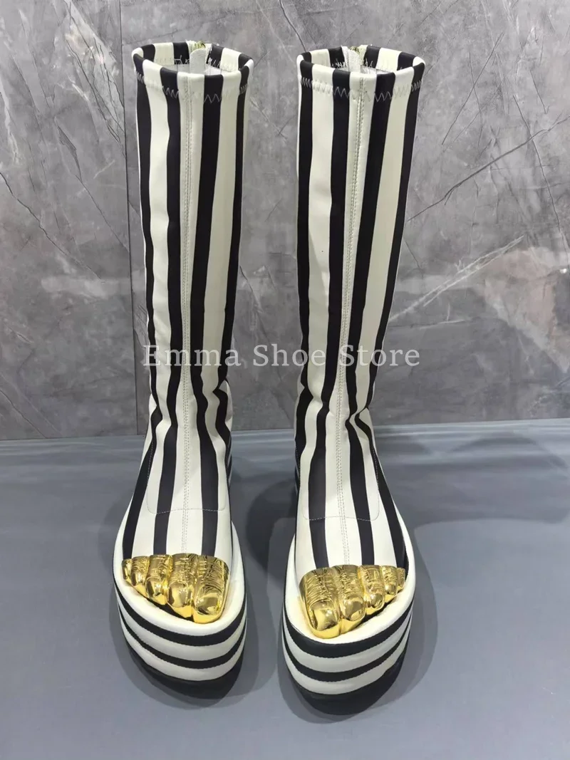 Gouden vijfvinger sleehak kniehoge laarzen voor dames 2025, trendy gestreept platform, rits, moderne laarzen, ontwerper, comfort, lange Botas