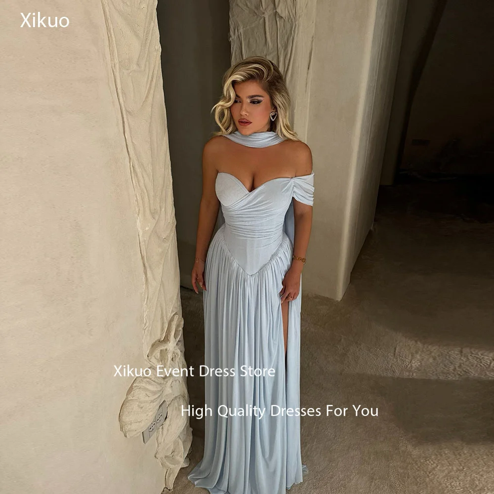 Xikuo Abiti da sera eleganti monospalla Nastri a cuore Abiti da festa Lunghezza pavimento Chiffon blu Robe De Soirée Personalizzato