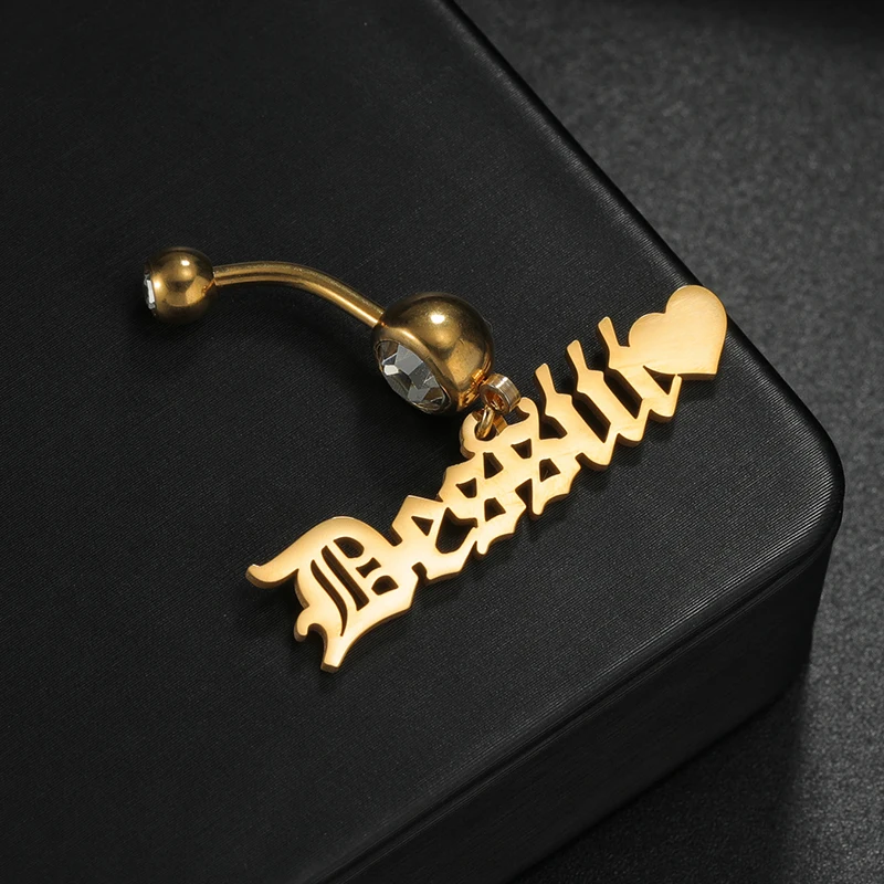 Letdiffery Personalized Crystal Name Belly Button Rings for Women Stainless Steel Custom Sexy Body Piercing Umbilical Nail Rings