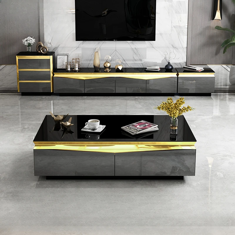 TV Stand Modern Living Room TV Monitor Stand Gold Stainless Steel Cabinet Mesa+tv Table+Coffee Centro Table House Furniture