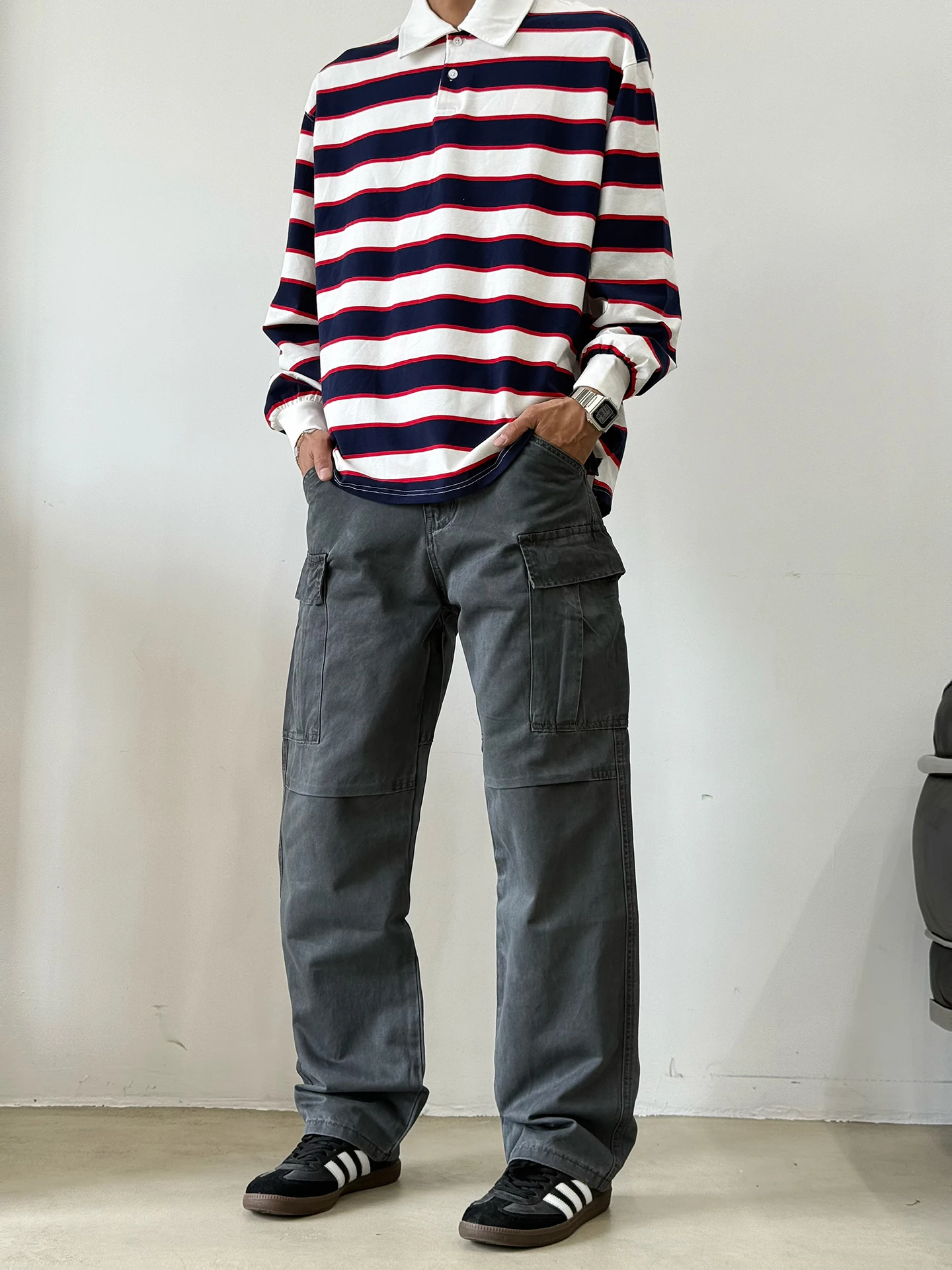 

BurnBro American Retro Waed Large ket Work Trousers Loose Straight Leg Casual Long Pants ex Street Sle Autumn Wear