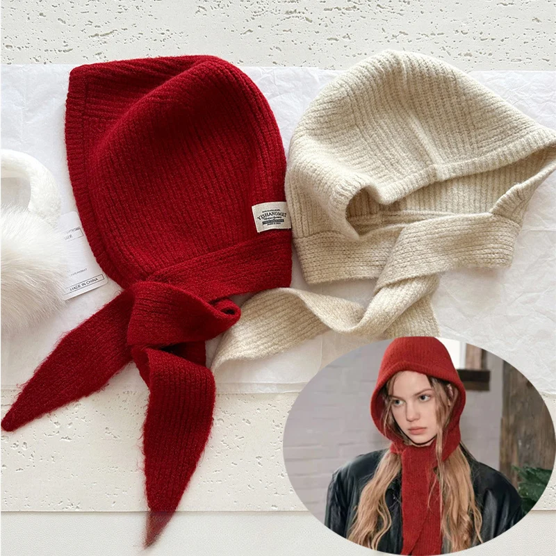 

Wool Blend Knitted Beanies Hats For Women Balaclava Winter Warm Unisex Hooded Hat Neck Collar Scarf Cap Ski Cold Hats