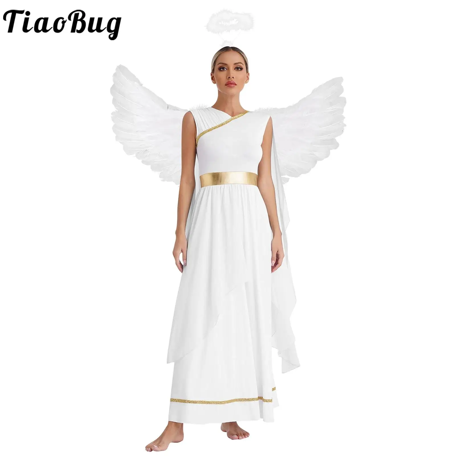 

All White Angel Dress with Wing Set Women Purity Cap Sleeve Dress with Feather Angel Wings And Headwear Set for Halloween Outfit