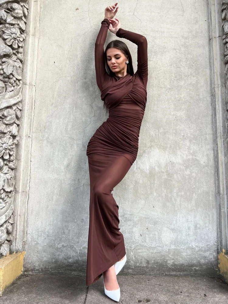 

Elegant Beige Mesh Ruched Long-Sleeve Long Dress See Through Round Collar Bodycon Slimming Nightclub Birthday Party Gown
