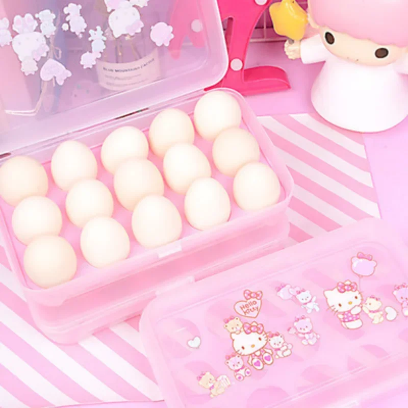 Hello Kitty 15 Grid Egg Storage Box frigorifero Storage Organizer Cartoon trasparente Kitchen Egg Holder Egg Box Kitchen Gadget