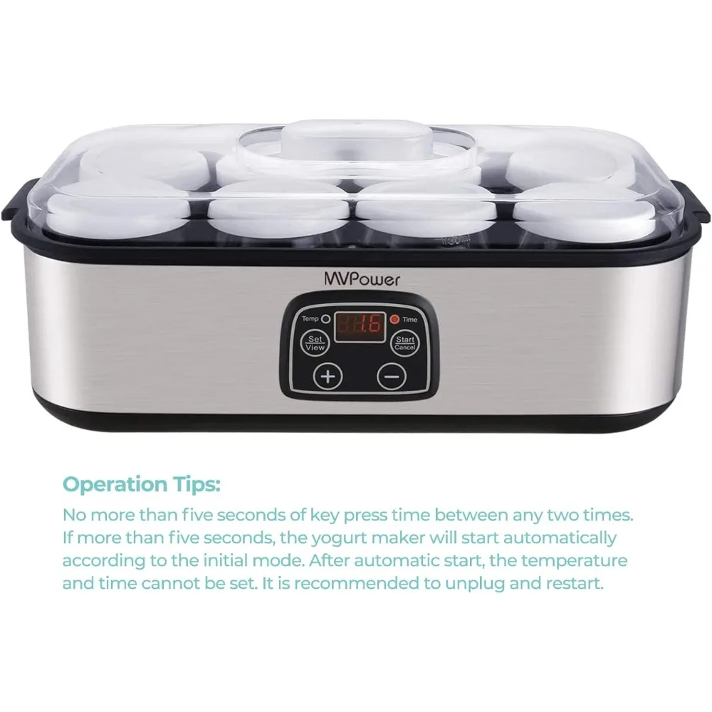 Йогуртница, автоматическая цифровая, с ЖК-дисплеем, 8 стеклянных банок 48 унций/с, дизайн из нержавеющей стали, автоматический контроль температуры