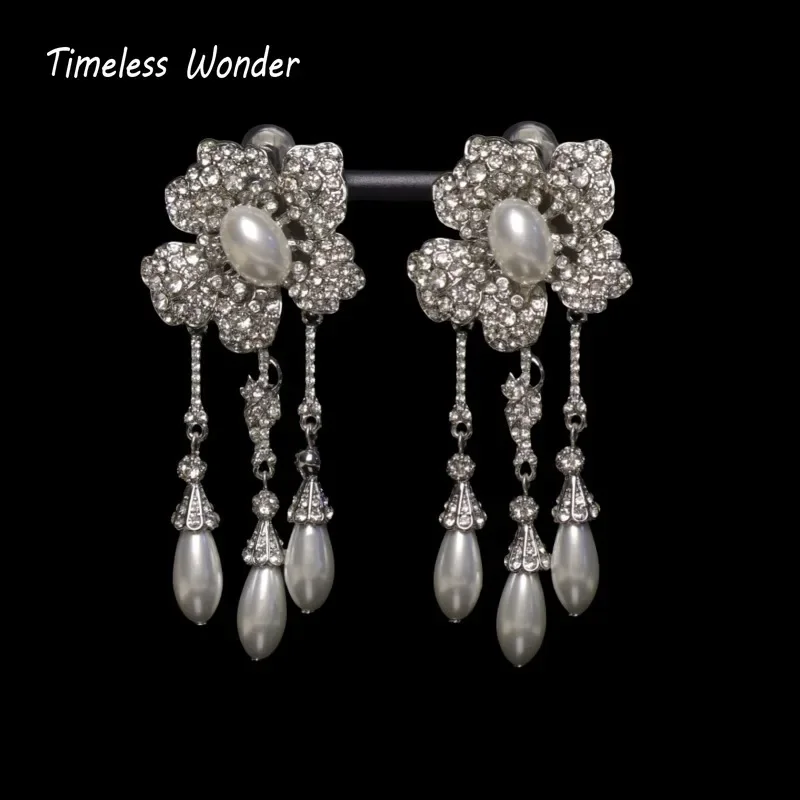 

Timeless Wonder Fancy Zircon Geo Tassel Floral Clip on Earrings for Women Designer Jewelry Runway Gift Brincos Sweet Top 4263