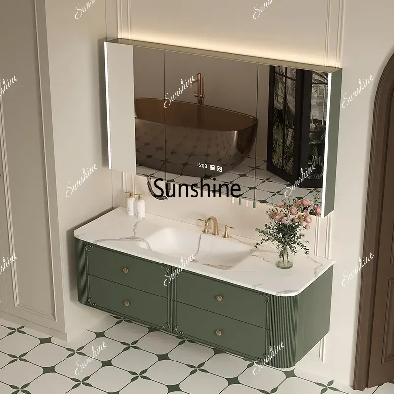 French Retro Double Basin Bathroom Vanity Set American Style Oak Cabinet with Hot Bending Rock Slab Washstand T*