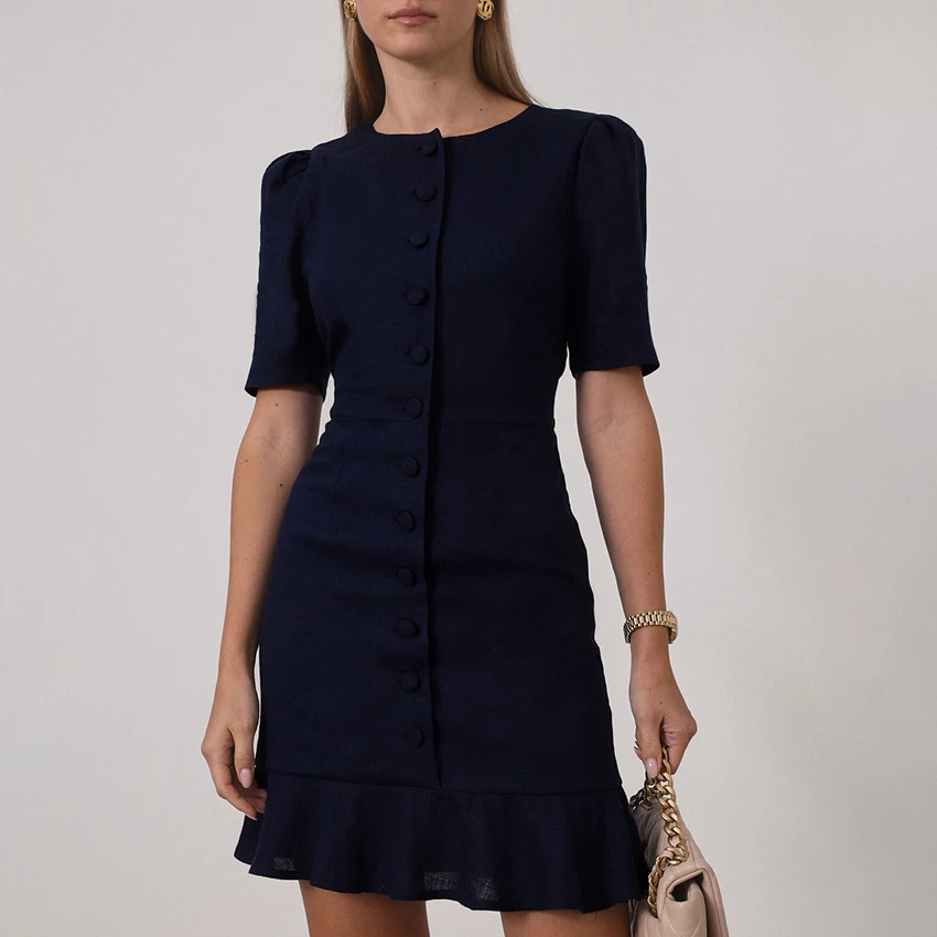 

Linad Summer Office Short Puff Sleeve Mini Dress Elegant Single-Breasted Shirt Dresses For Women Casual Ruffles Dress 2025 New