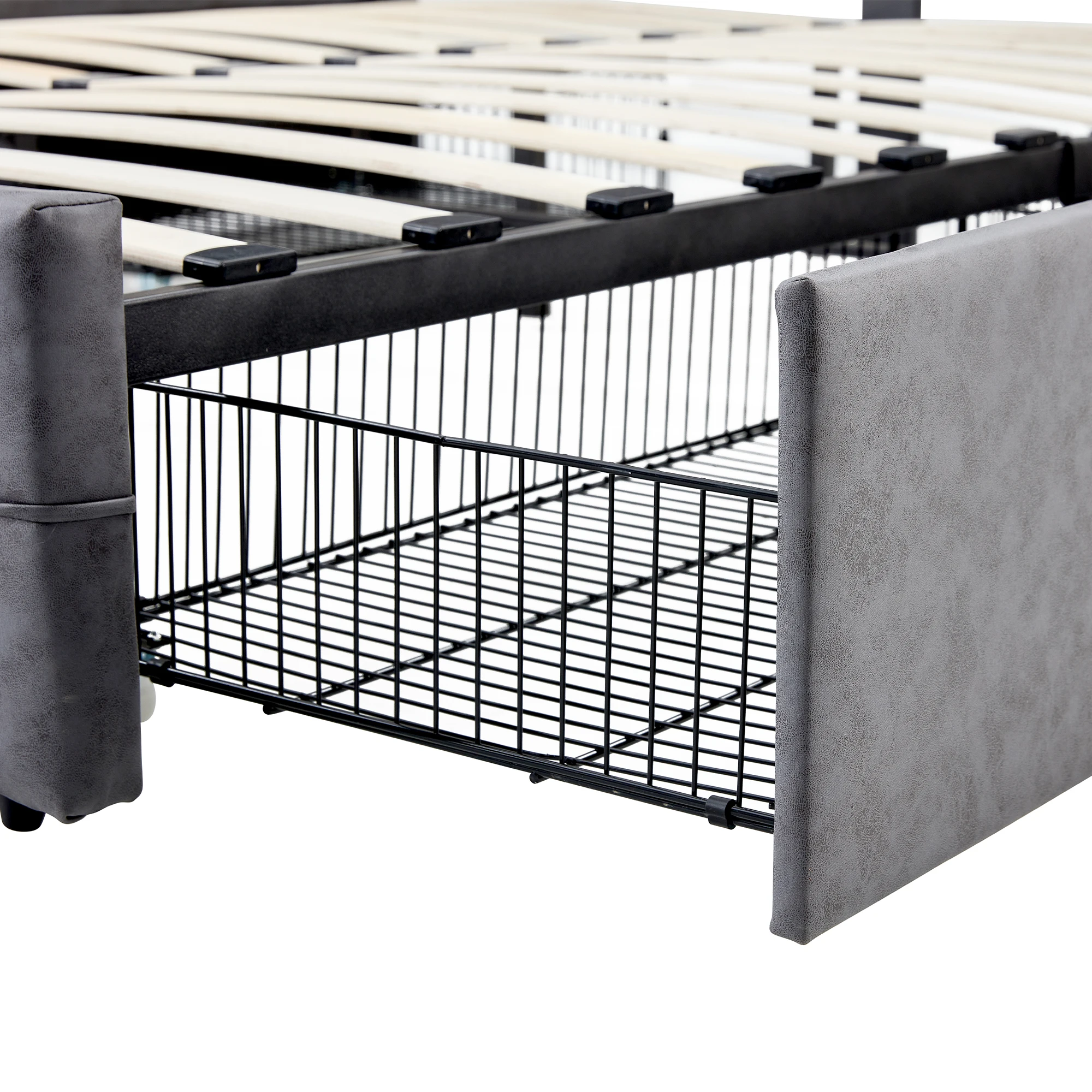 Queen Size Grey Tech cloth Button Embedded Adjustable Headboard Height Upholstered Platform Bed Frame with 4 Storage Drawers