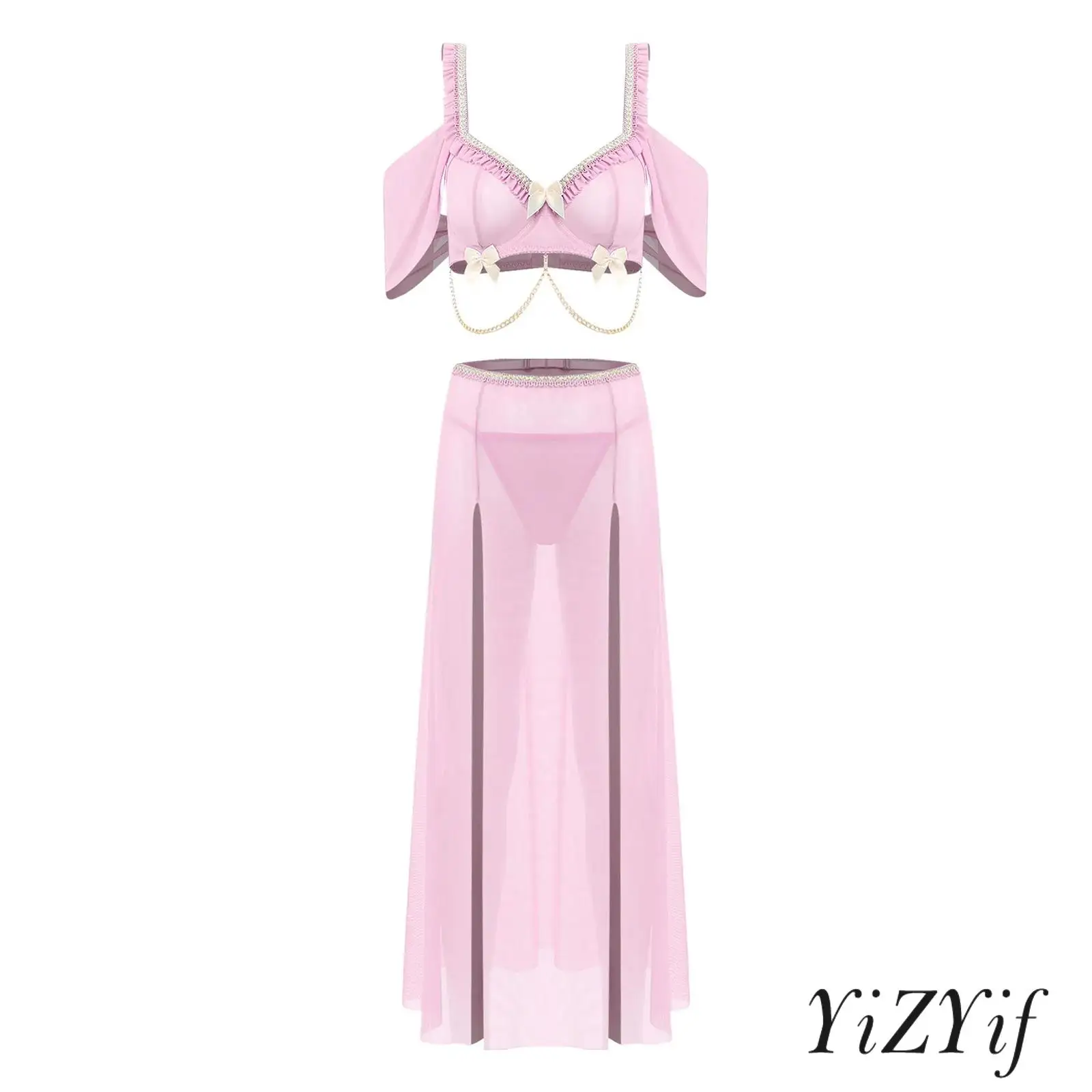 Elegant Womens Arab Princess Cosplay Costume Bow Underwire Bra Crop Top High Slit Mesh Skirt And T-back Thong Belly Dance Outfit