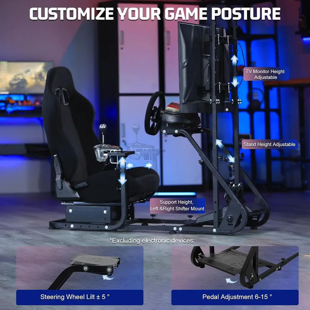 Racing Simulator Cockpit with TV Stand, Gear Mount, and Black Seat, Compatible with G923/G920 or T500/T3PA/TGT, Height Adjustabl