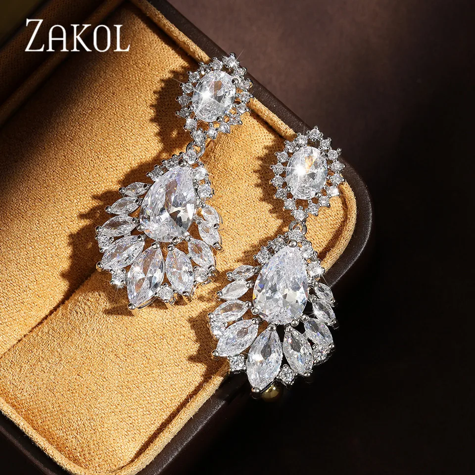 ZAKOL Luxurious Wheat Chokers Dangle Earrings For Women Exquisite Blue Cubic Zirconia Earrings Bridal Wedding Party Jewelry