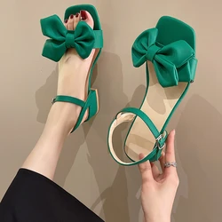 Large Solid Color Open-toe Sandals Women 2023 Summer New One-line Buckle Fashion Temperament Bow Knot Comfortable Women's Shoes