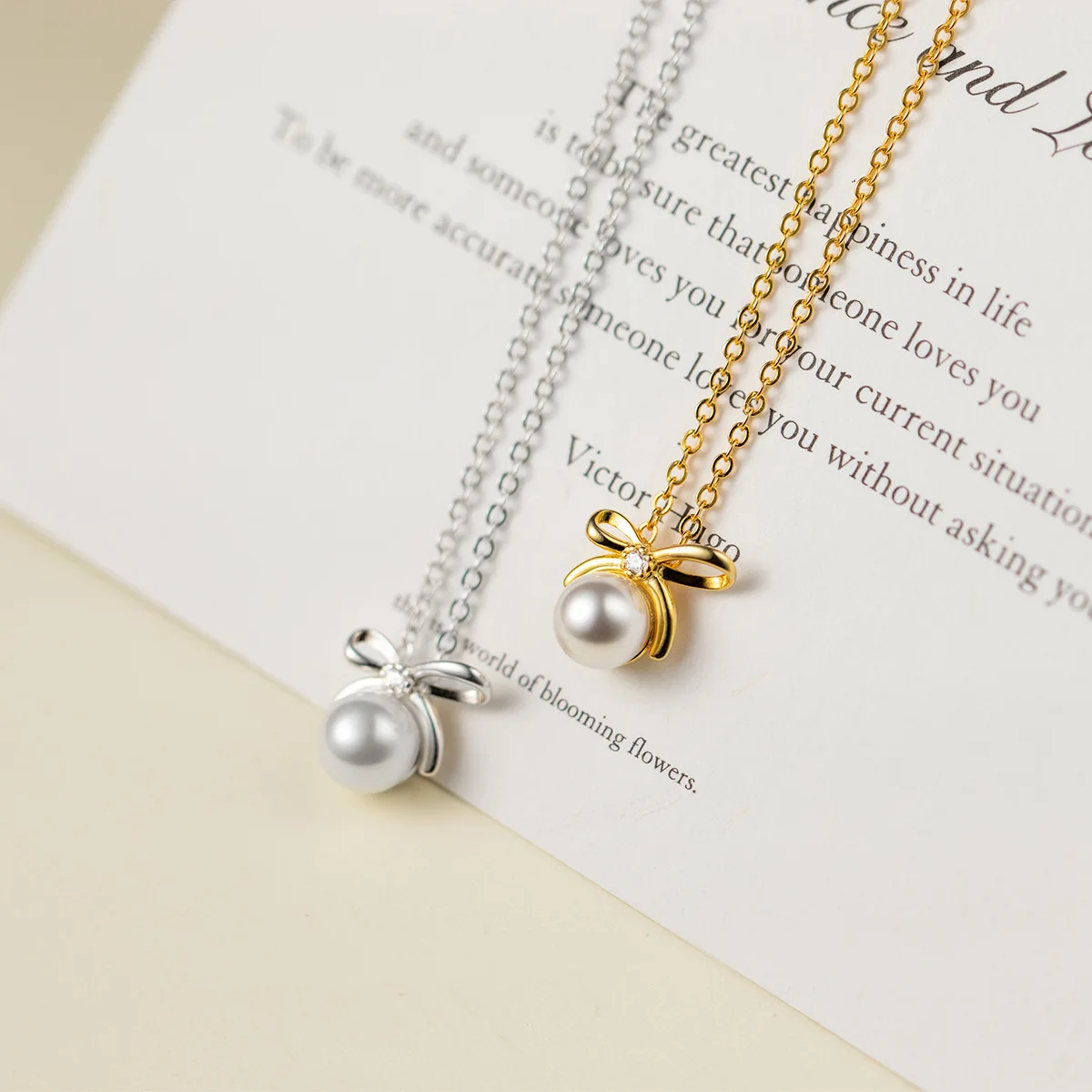 

French Bow Pearl Zircon Pendant Necklace For Women S925 Pure Silver Electroplated 18K Gold Girlfriend Birthday Gift Jewelry
