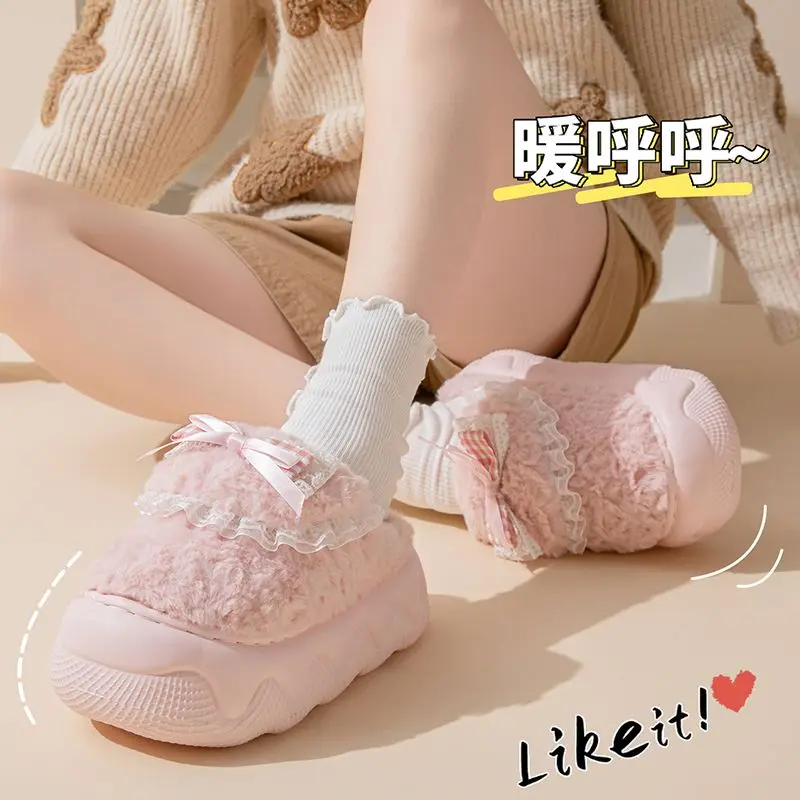 ‌Woman Thick Non-Slip Warm Plush Green Furry Slides Cute Bowknot Ruffled Boot Indoor Home Shoes Women's Winter Fluffy Slippers