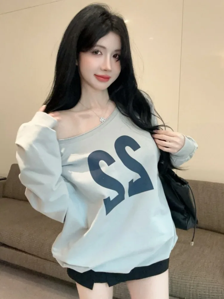 

Retro American Letter Print Sweatshirt Women Early Autumn Lazy Style Loose Oversize Shoulder Casual Hoodie Female Fashion