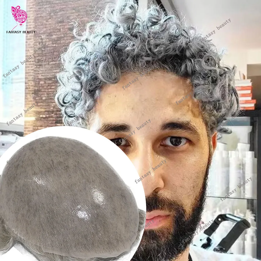 

20 мм вьющиеся серые блондинки 1B65 1b80 человеческие волосы коричневый мужской парик прочный 0,06 мм Vloop тонкая кожа полная замена капиллярных протезов из искусственной кожи