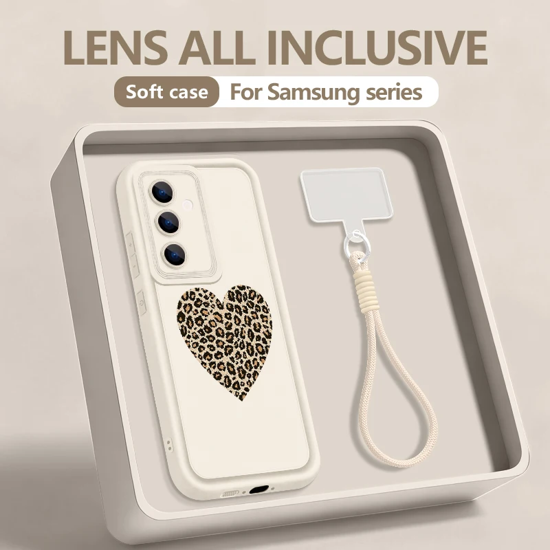 S25 Edge Case Luipaardprint Hart Lanyard Case Voor Samsung S24 Ultra S23 S22 S21 FE A17 A54 A15 A35 A55 A16 A26 A36 A56 5G Funda