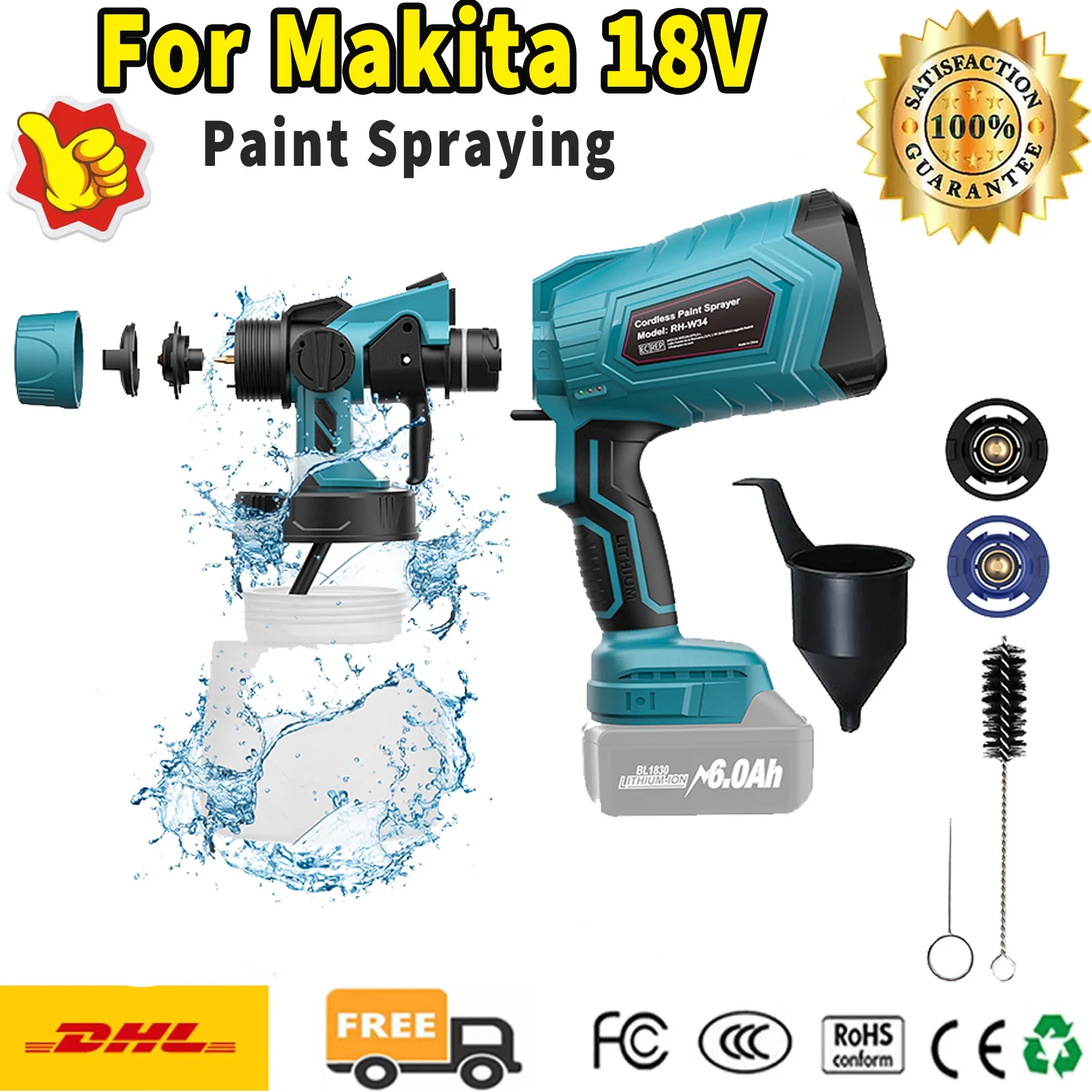 Cordless Paint Spraying Tools 1000ML Home Paint Sprayer Auto Furniture Steel Coating Airbrush For Makita BL1830 18V Battery