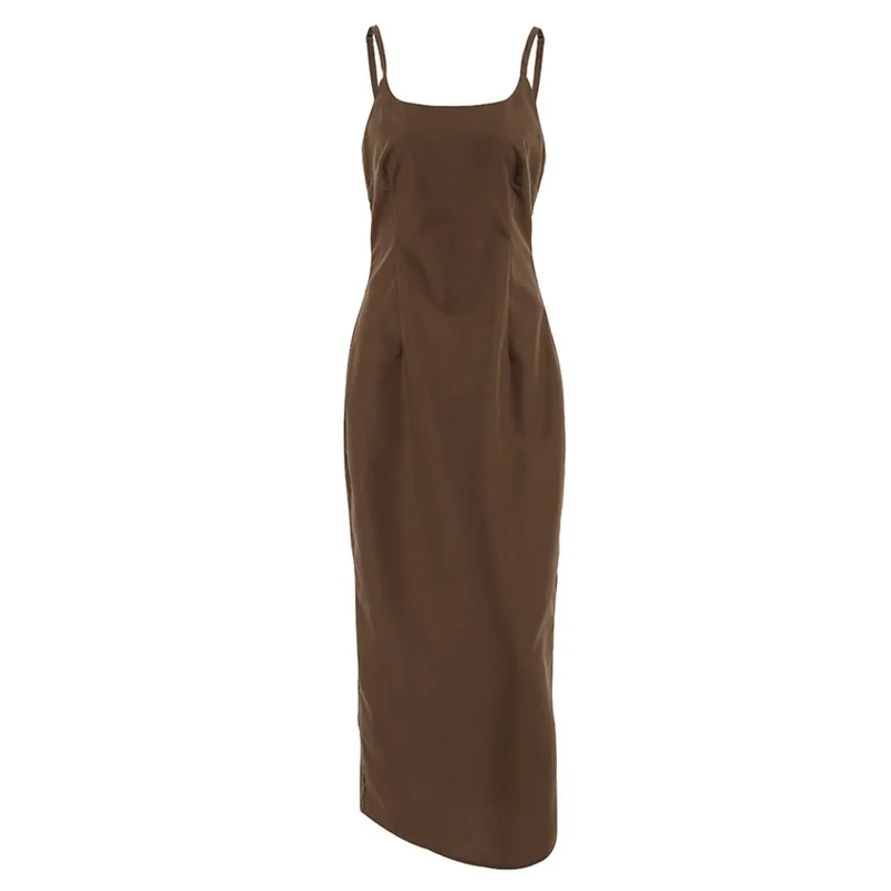 Elegant Brown Spaghetti Strap Long Dress For Autumn Feminine A-Line Fit With Retro Parisian Style Perfect For Date Night Daywear