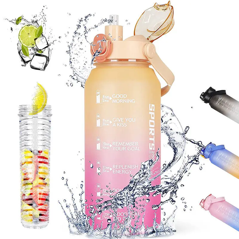 

2L Sports Water Bottle Large Capacity Plastic Water Cup Portable Drink Bottle with Time Marker for Outdoor Sports Fitness Kettle