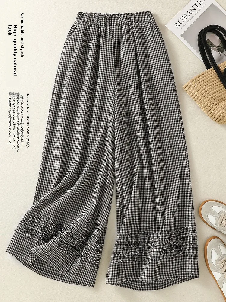 

Женские широкие брюки из хлопка и льна в клетку в стиле ретро, свободные, с высокой талией, драпированные, с оборками, прямые, повседневные, длиной 7/8