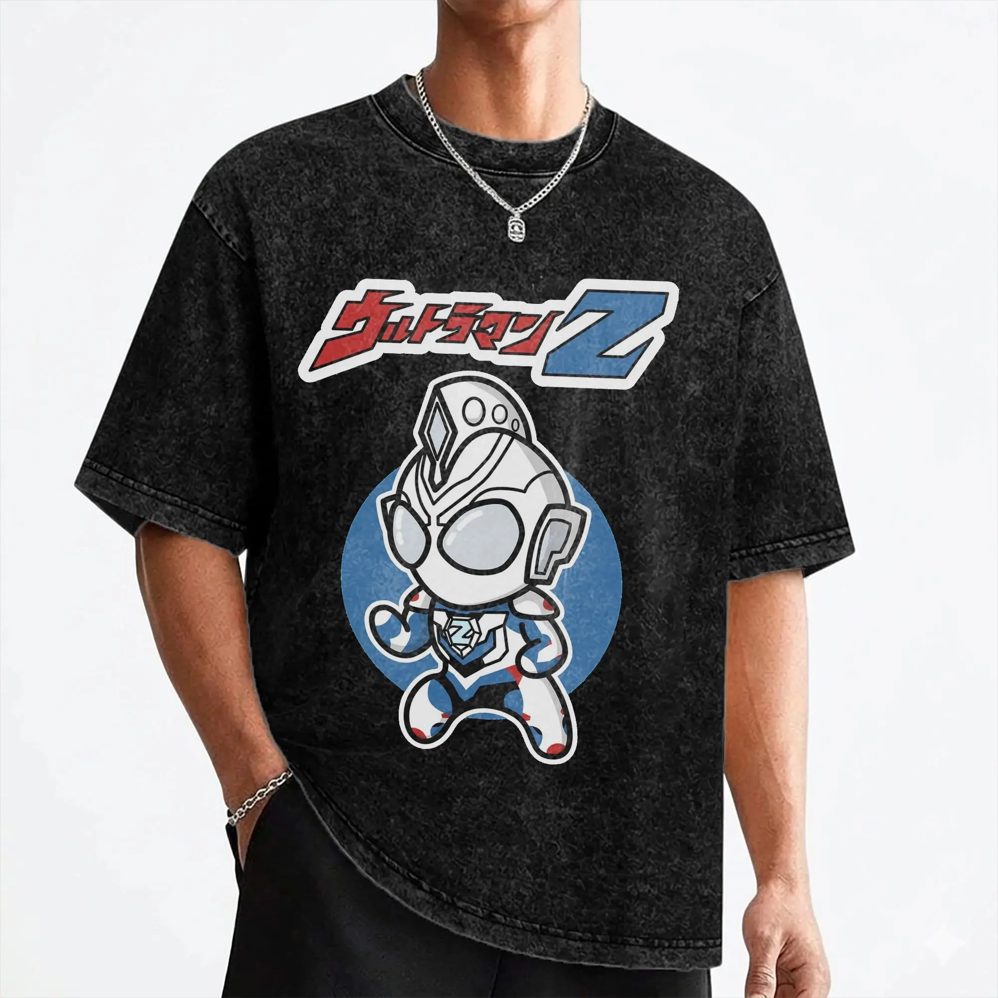 Washed T Shirts Ultraman Z Original Form Chibi Style Kawaii Hip Hop Vintage T-Shirts Oversize  Streetwear Printed Tees for Men