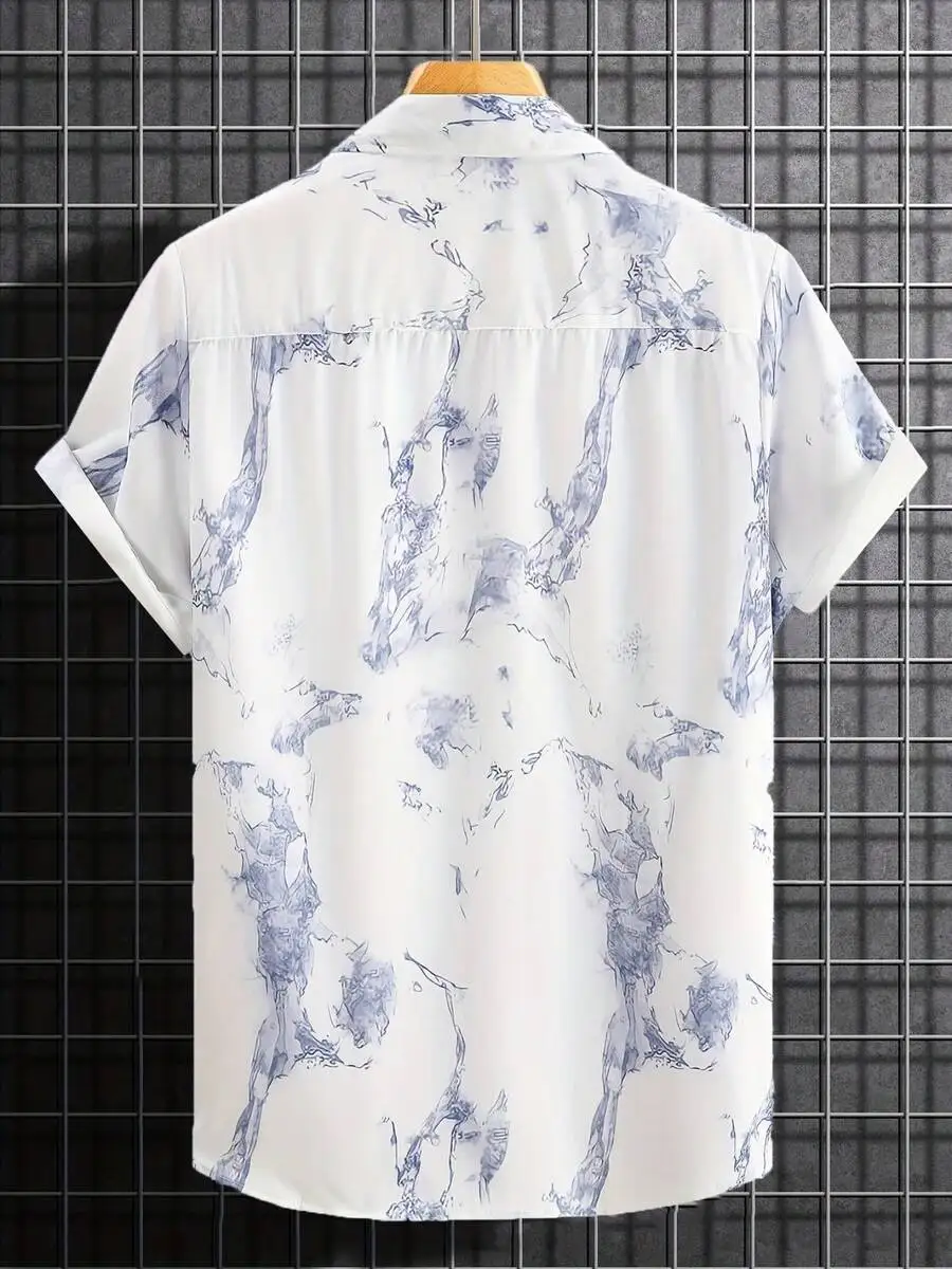 

Men Abstract Blue Smoke Water Flow Print Casual Short Sleeve Hawaiian Shirt Summer Beachwear