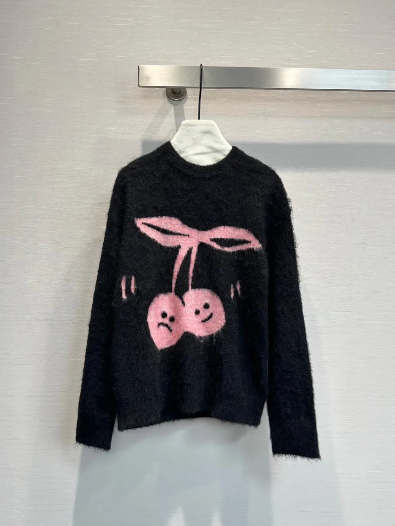 2024 New Autumn and Winter Cherry Letter Smiley Face Jacquard Long-sleeved Round Neck Pullover Loose Knitted Sweater for Women