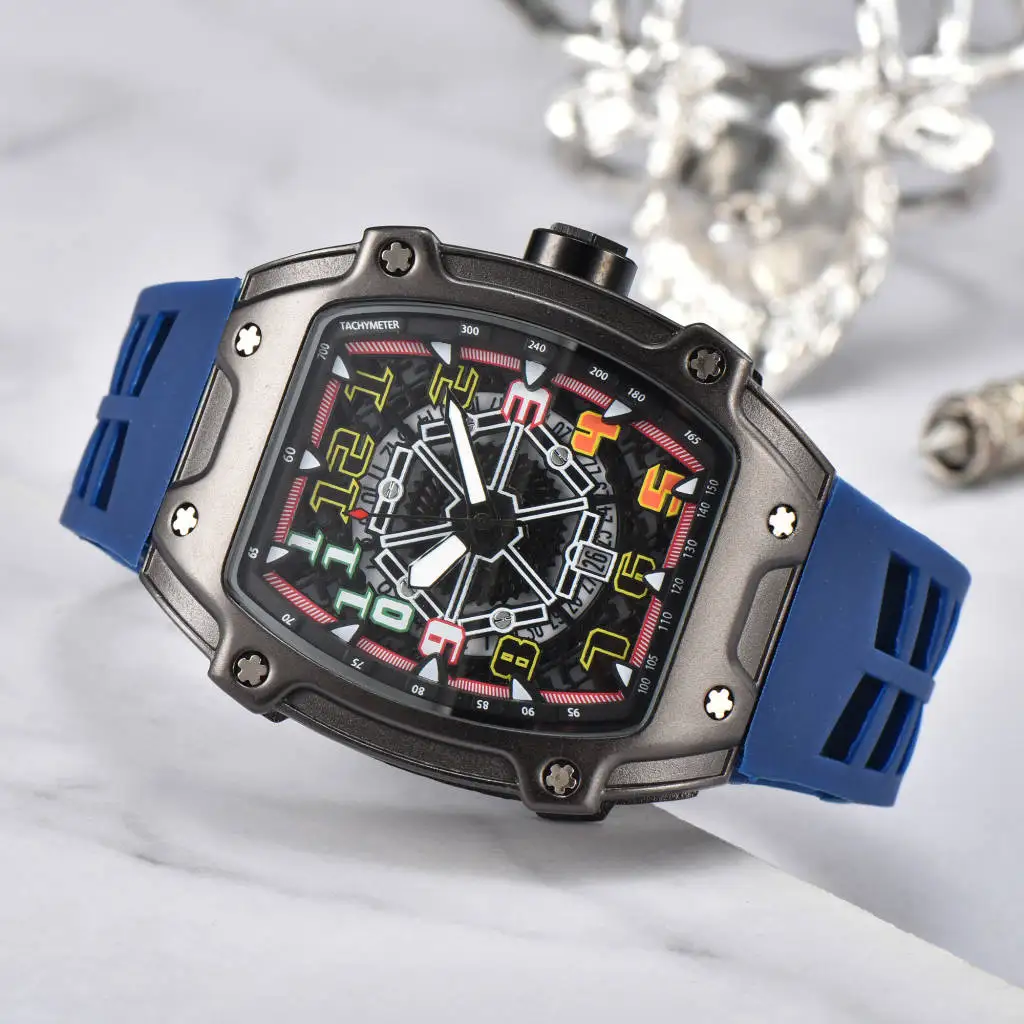 2024 new silicone strap square tonneau large dial watch hollowed out surface calendar quartz watch for men and Students