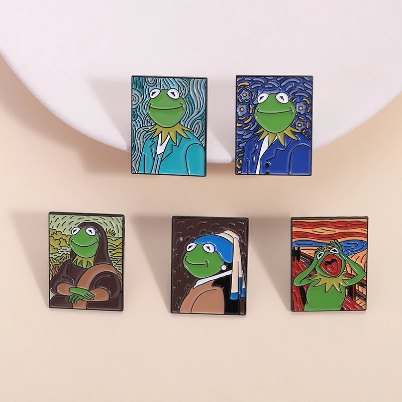 Cute Frog Oil Painting Enamel Pin The Scream Frog With Pearl Earring Van Gogh Art Brooches Lapel Badge Jewelry Gifts For Friends