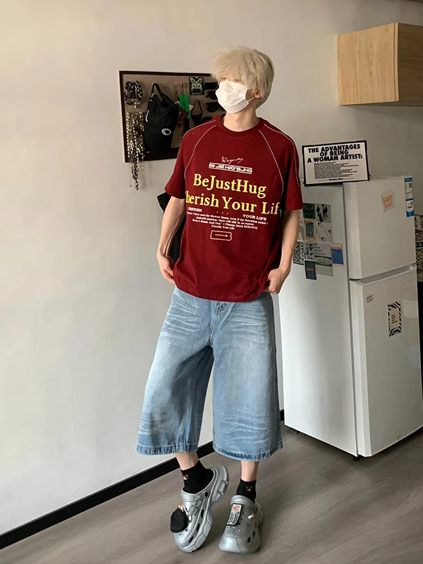 

Washed Light Blue Men's Denim Shorts Summer High Street Cleanfit Wide Leg Straight Cut Pants mid High Waist Youth Trend