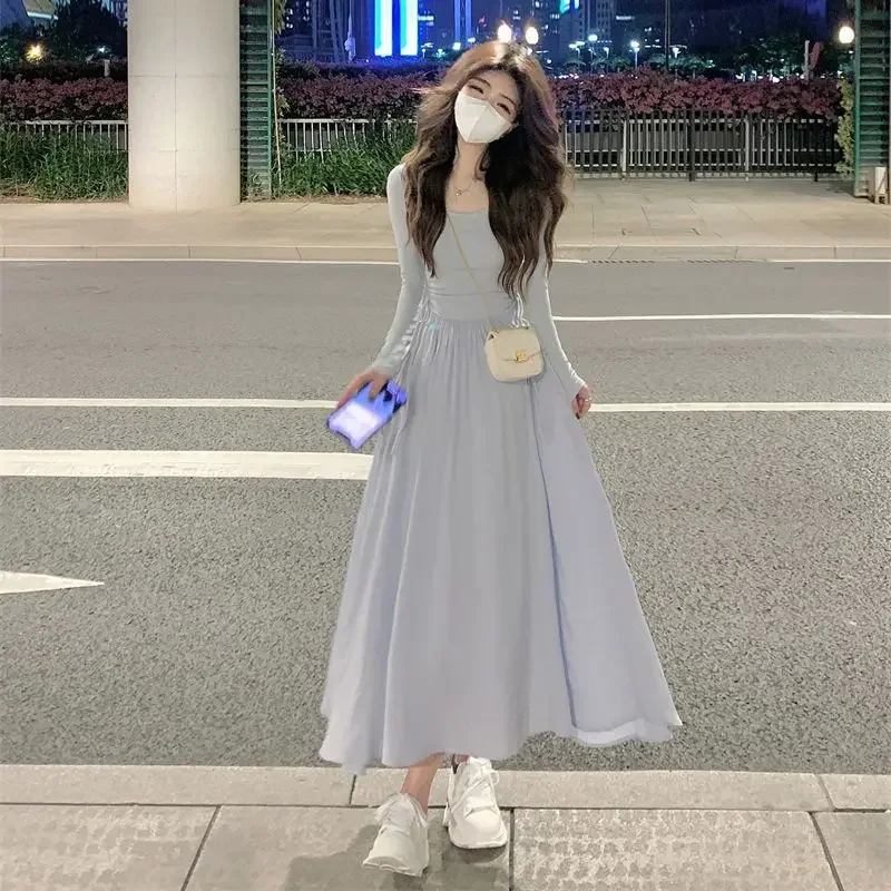 Elegant Collarbone Long Sleeved Dress for Women In Autumn 2023, Square Neck Light Blue Long Skirt, Elastic Waist A-line Skirt