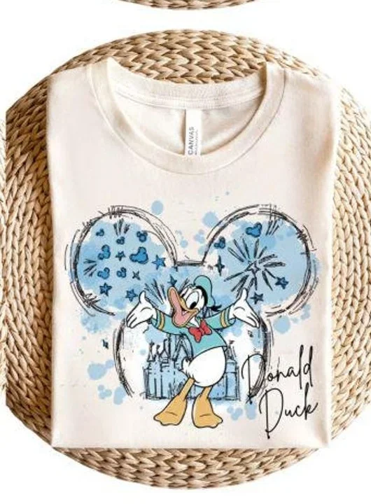 Sketch Mouse Head Castle Firework Character Print T-shirt, Cream Cotton Casual Tee Suitable For Park Trip Daily Street Outfits