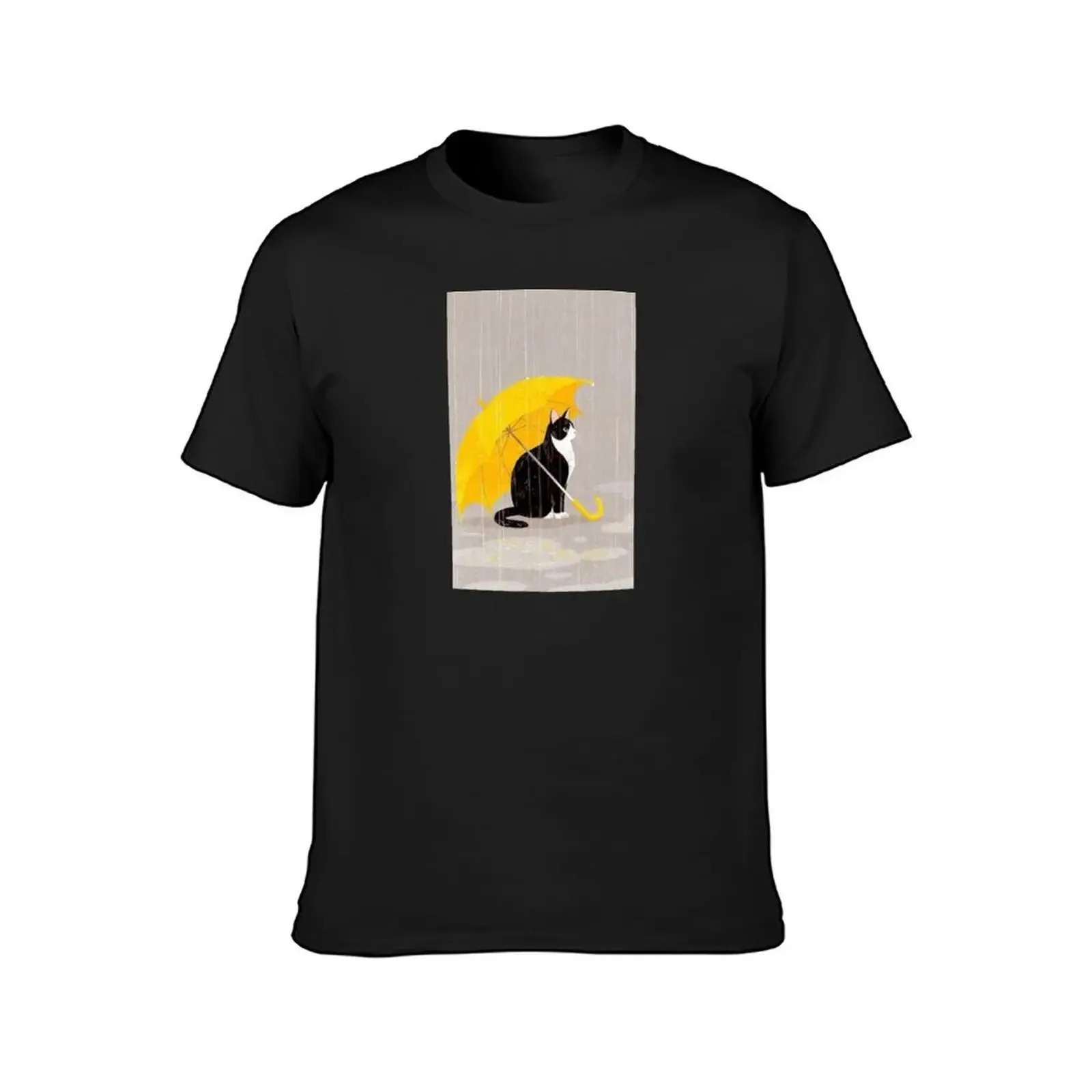 Black and White cat in the rain with a yellow umbrella T-Shirt kawaii clothes summer clothes T-shirt men