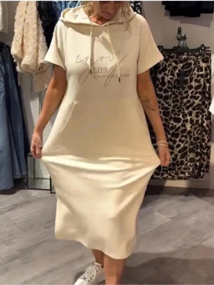 

Women Summer Style Loose Comfortable Breathable Plus Size Sweatshirt Dress Casual Fitting Pullover Letter Printed Pocket Hoodie