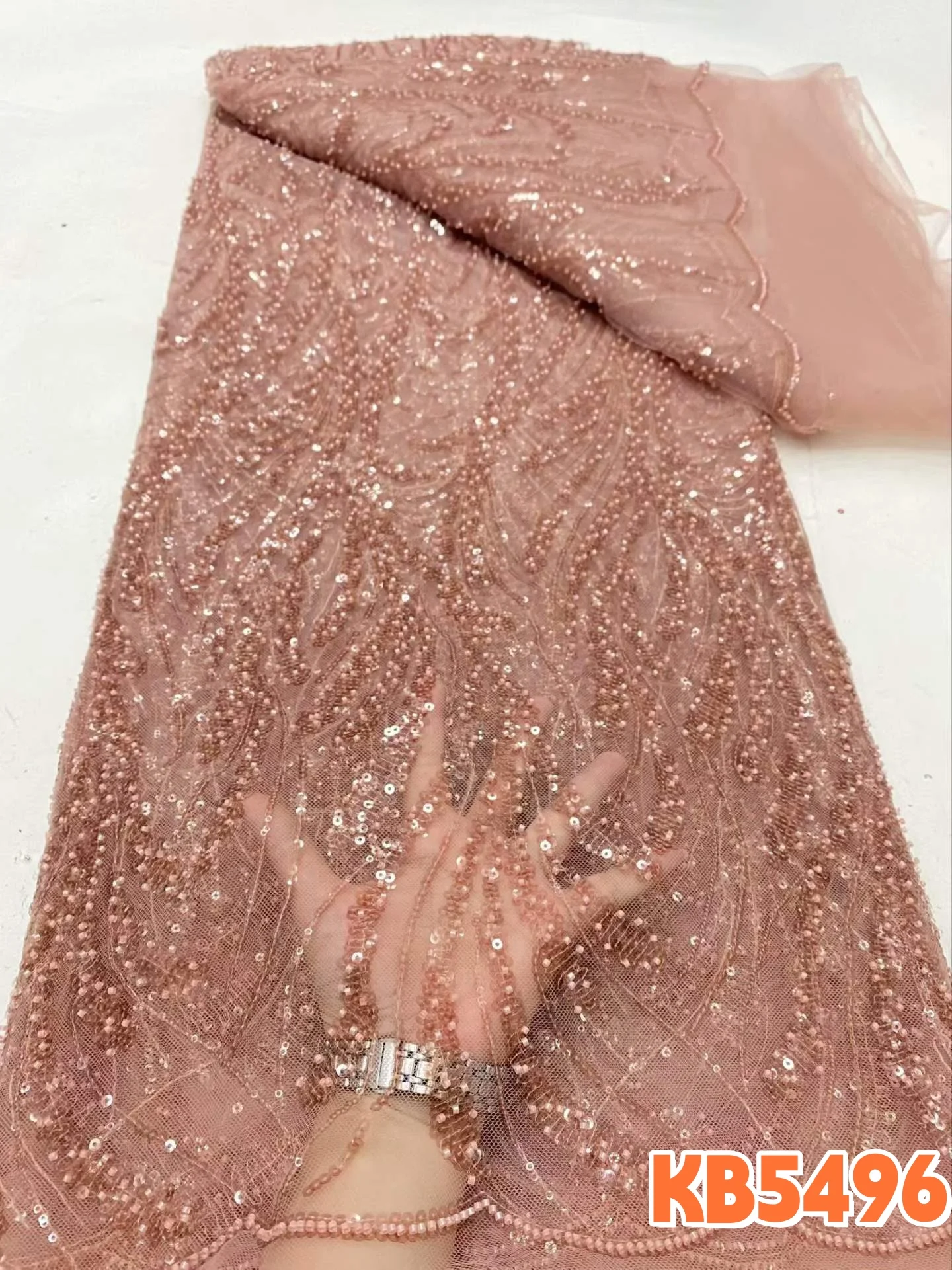 

Оранжевая кружевная ткань с бисером и пайетками, нигерийское кружево, 5 ярдов, высокое качество, французская сетка 2026 для пошива платьев KB5496