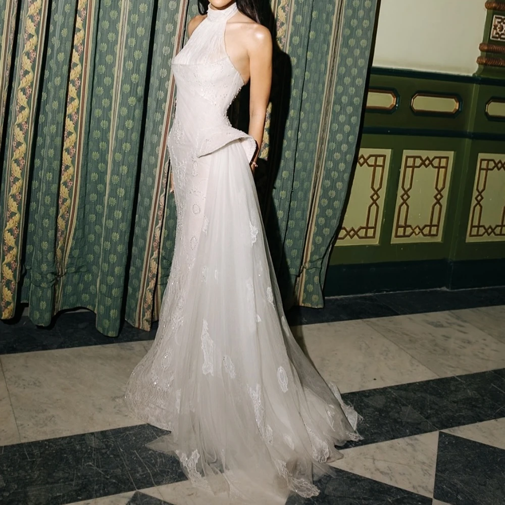 Robe de soirée de forme sirène, personnalisée, longueur au sol, col haut, sans manches, mode, paillettes, dentelle, Simple, drapée, robe de soirée