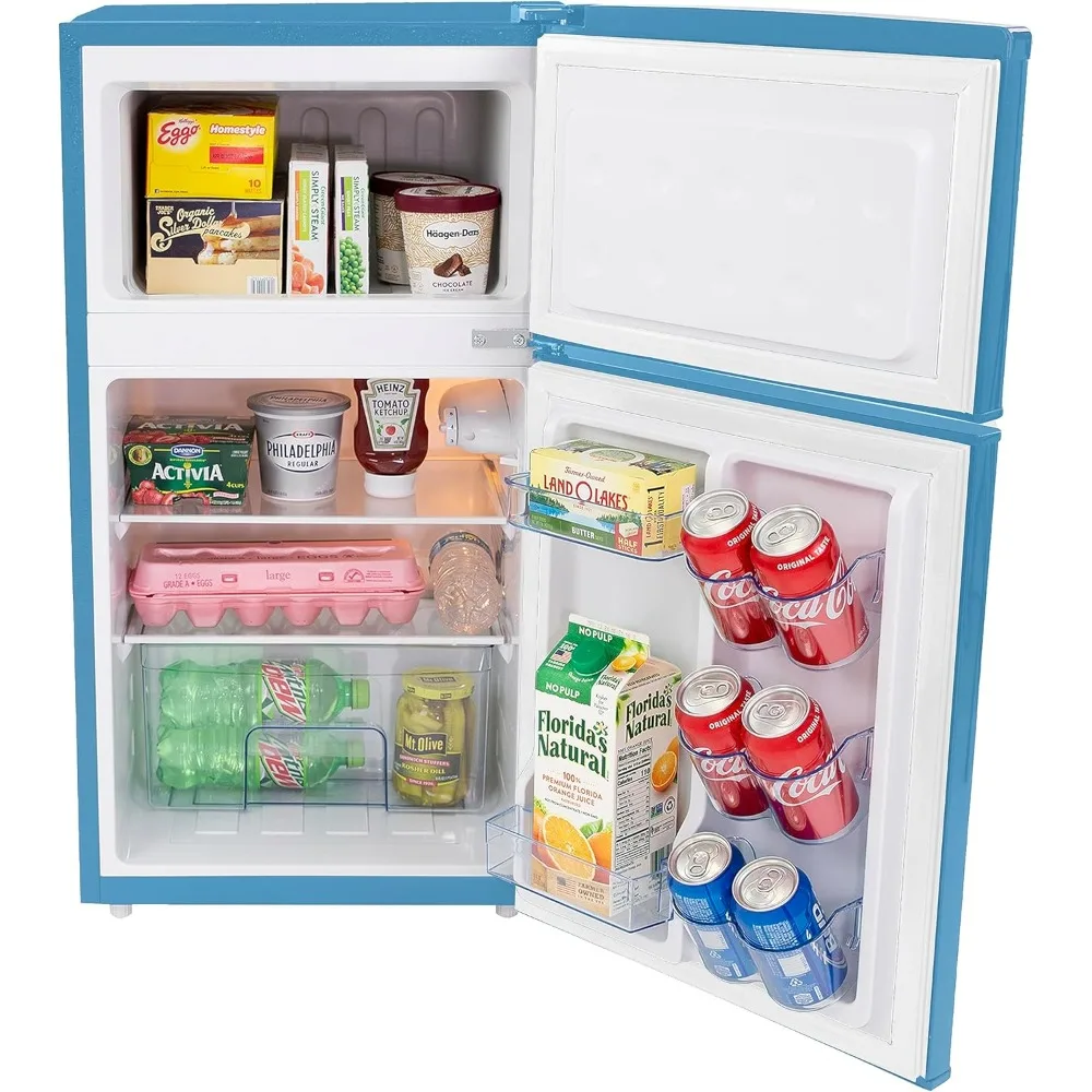 Mini Fridge with Freezer Retro-Styled for Home Office or Dorm, Manual Defrost and Adjustable Temperature, Blue