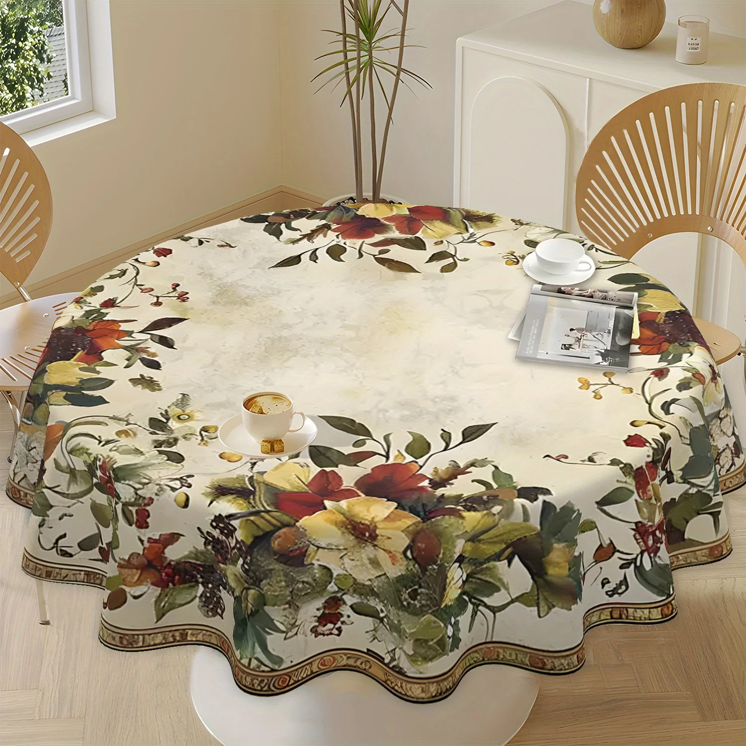 One vintage floral tablecloth, circular shape, 100% polyester, - elegant yellow