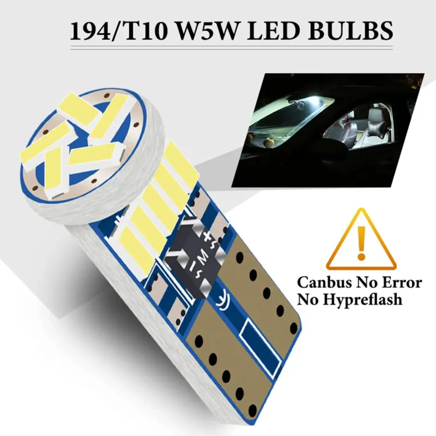 Pack of 10 Bright White 15LED T10 3014SMD CANbus Error Free Bulbs for 194 168 Interior Instrument Reading Light Plate Lamps