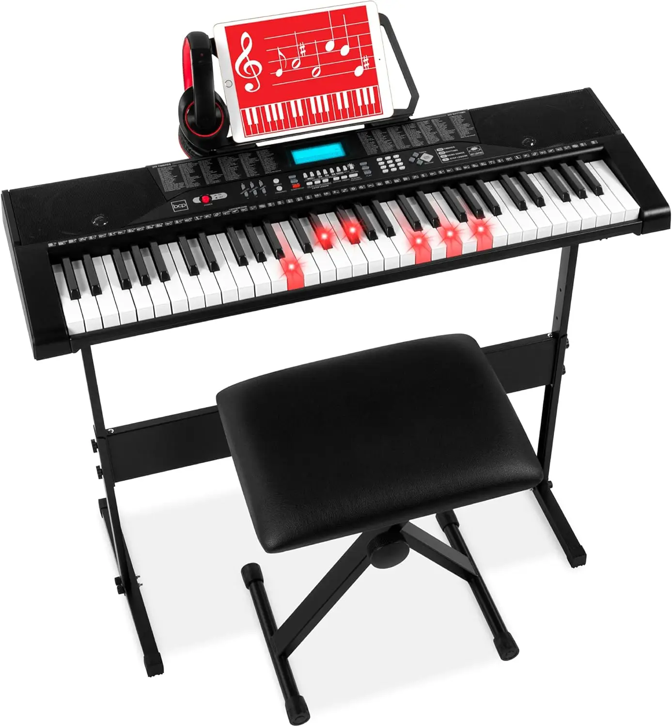 Products 61-Key Beginners Complete Electronic Keyboard Piano Set w/Lighted Keys, LCD Screen, Headphones, Stand, Benc