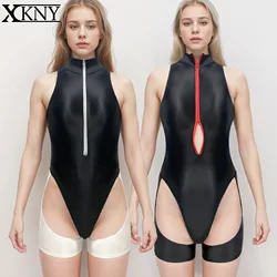 XCKNY Satin glossy tight fitting shirt with collar T-shaped jumpsuit silk smooth double opening zipper Bodysuit surfing suit