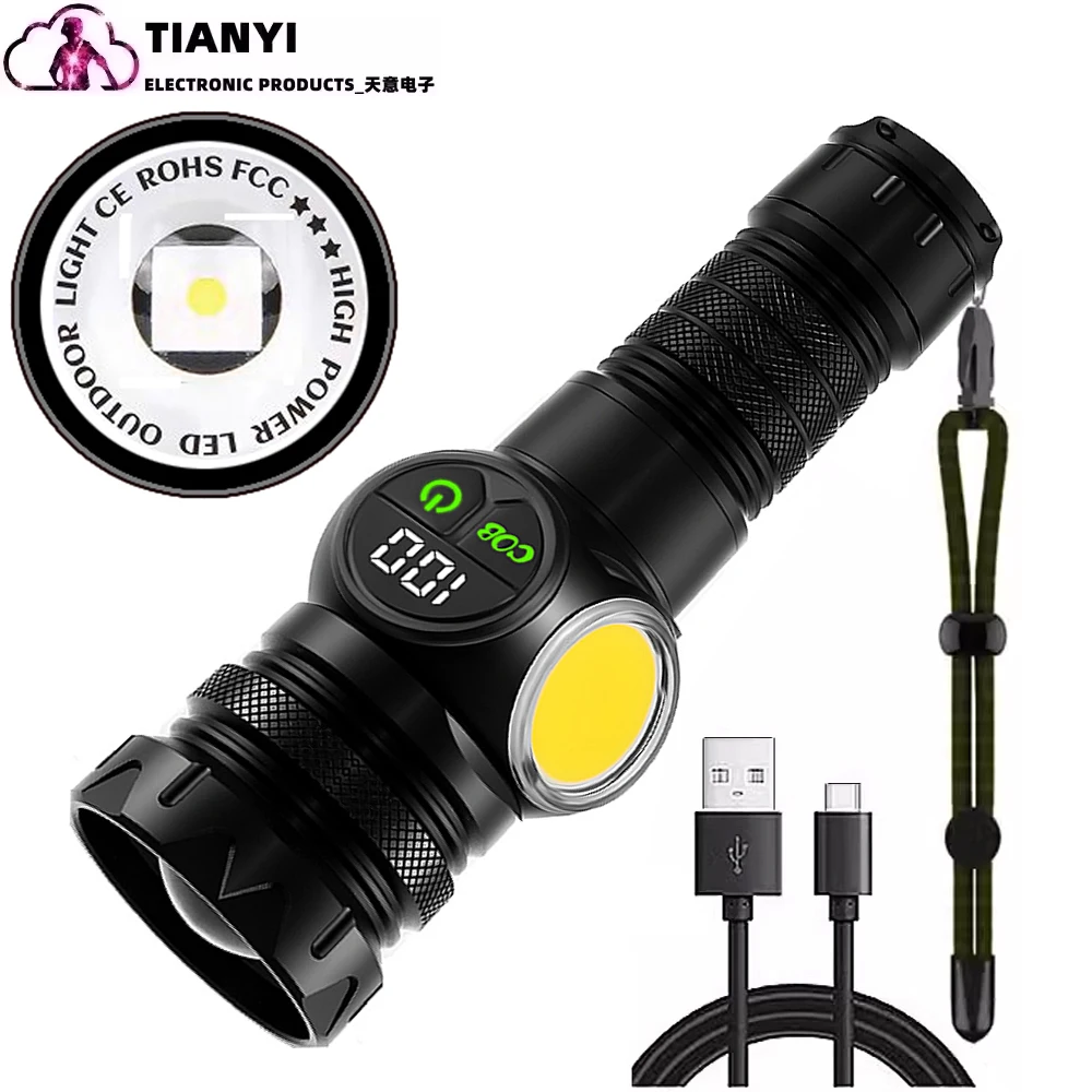 

Long range zoom COB+ white laser flashlight LED outdoor camping lighting Aluminum alloy flashlight USB charging