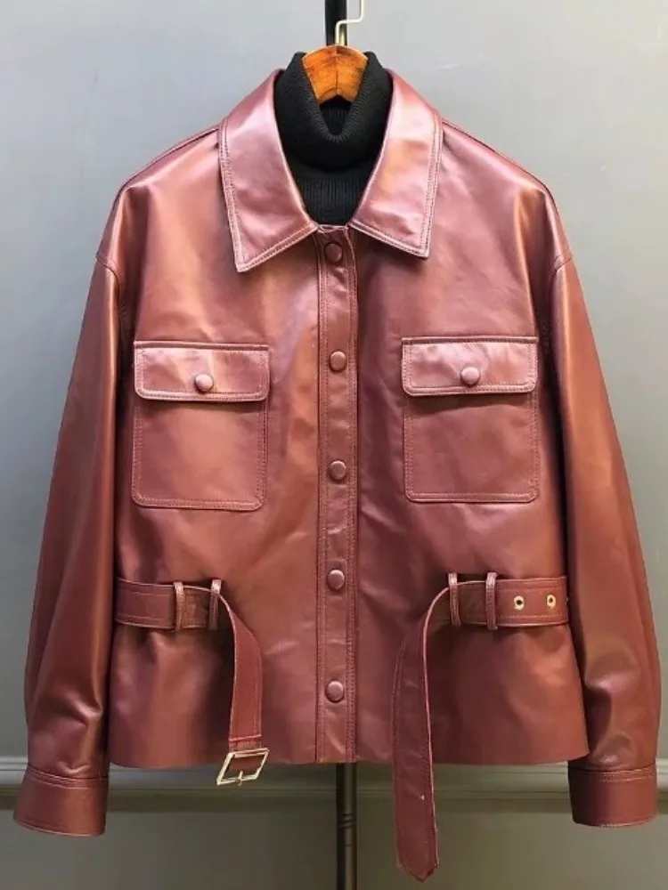 Britse stijl vierkante hals effen kleur lederen jas losse schapenvacht met lange mouwen enkele rij knopen zak sjerpen damesjas