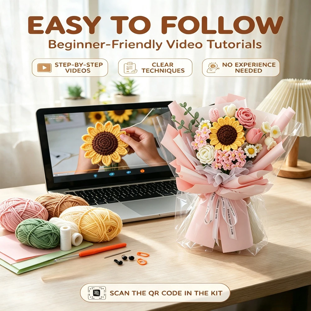 Beginners Crochet Flower Bouquet Kit - Rose Tulip Daisy Sunflower, DIY Knitting Set with Pattern Step-by-Step Video Tutorial