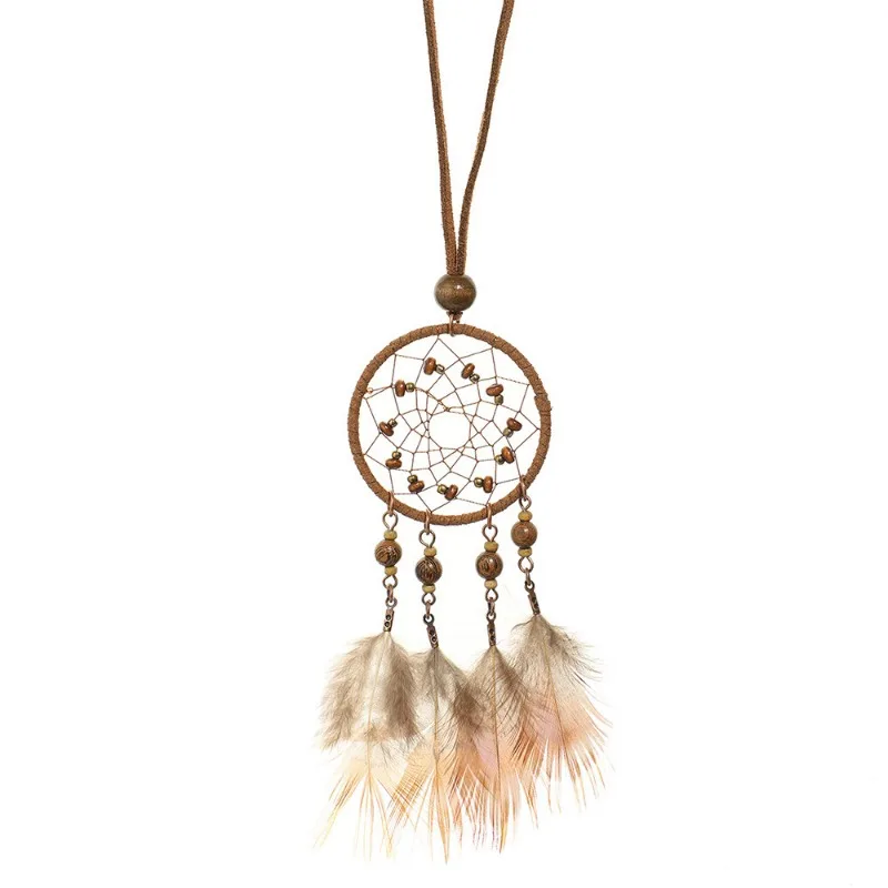 Classic Geometry Pendant Necklaces Sweater Chain Dreamcatcher Handmade Braided Brown Feather Necklace Boho Jewelry for Women
